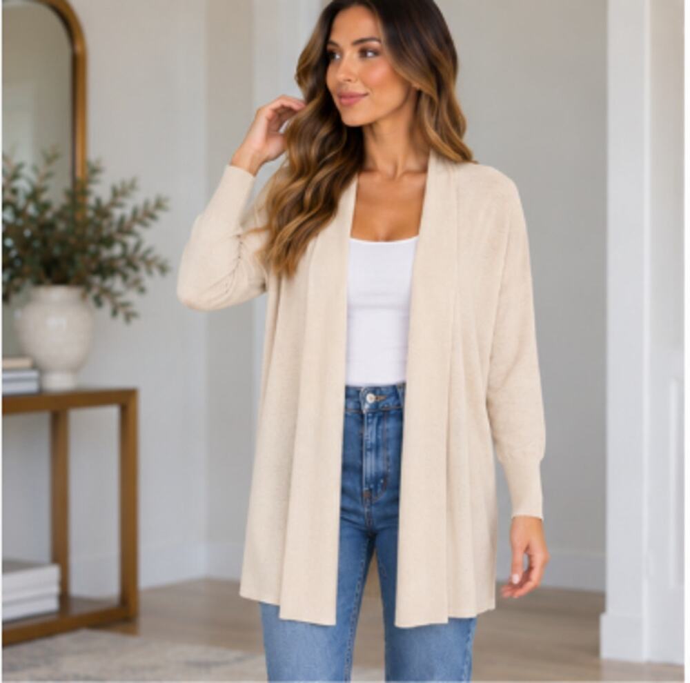 Express Cream Knit Duster Cardigan Large Open Front Long Sleeve Quiet Luxury